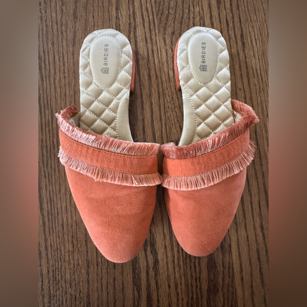 Birdies Coral Suede Fringe Mule Clogs